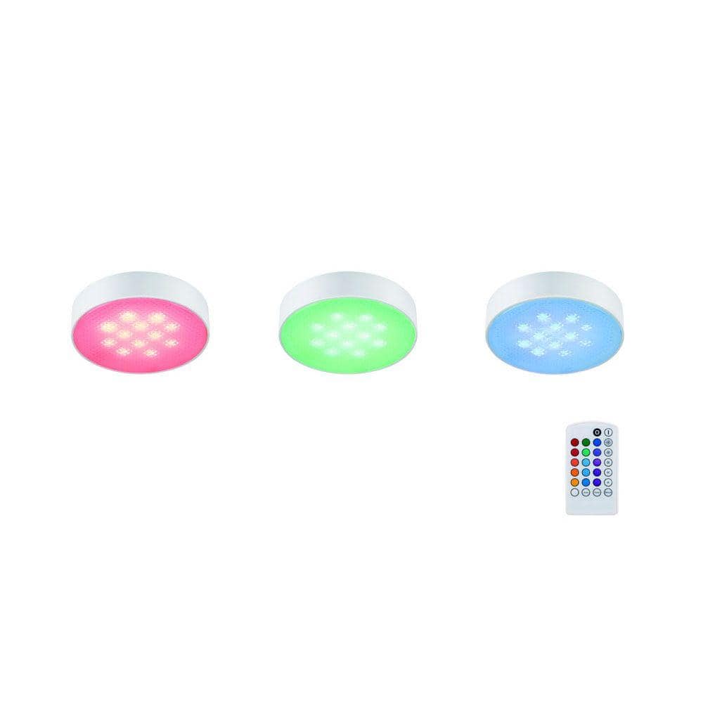 3-Pack Battery-Operated RGBW Magnetic Puck Light with Remote