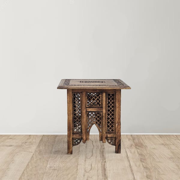 THE URBAN PORT 21 in. Brown Square Wood Side/End Table with Foldable Panel Legs