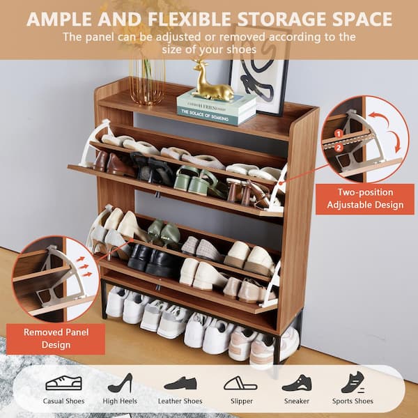 ATHMILE Walnut Wooden Shoe Storage Cabinet with Flip-Up