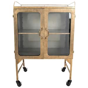 Gold Metal Cabinet with Glass Doors and Wheels