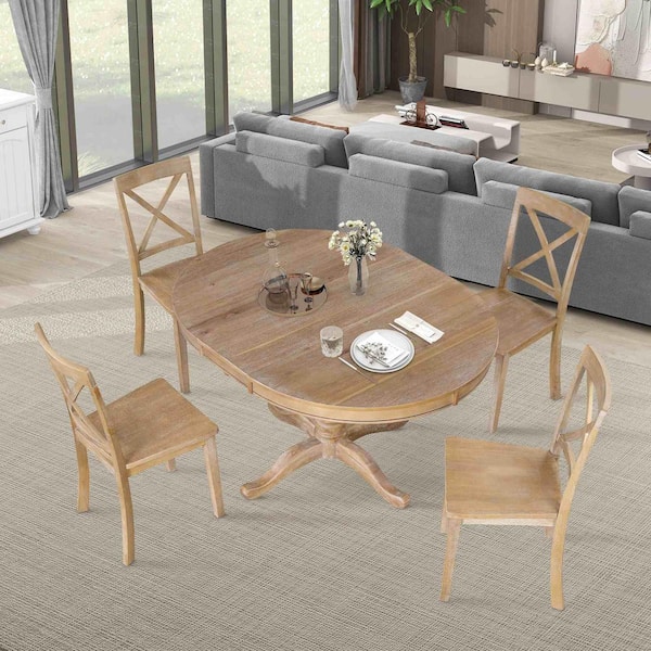 5-Piece Round Natural Wood Wash Wood Top Dining Room Set Seats 4