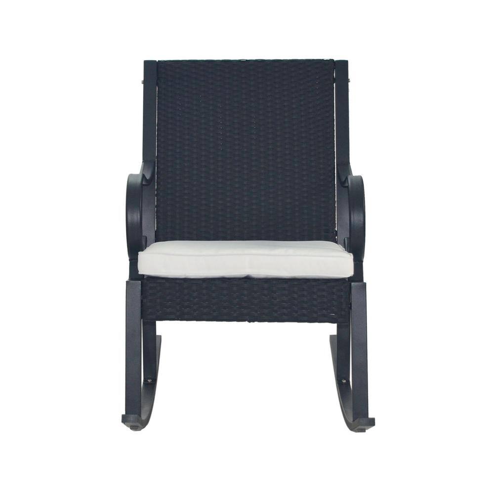 Mid-Century Modern Black Iron Rocking Chair with White Cushions