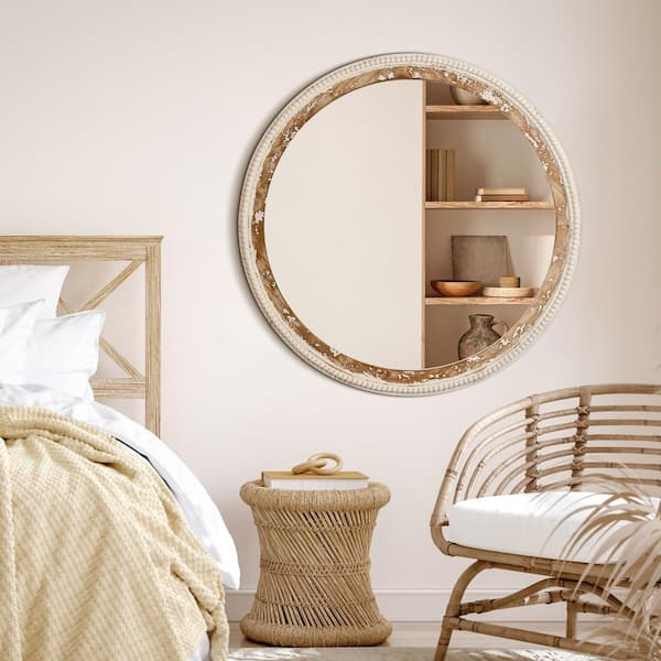 36 in. W x 36 in. H Natural Wood Color Round Framed Wall Bathroom Vanity Mirror with Beaded in Antique White
