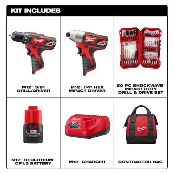 M12 12V Lithium-Ion Cordless Drill Driver/Impact Driver Combo Kit (2-Tool) with SHOCKWAVE Driver Bit Set (50-Piece)