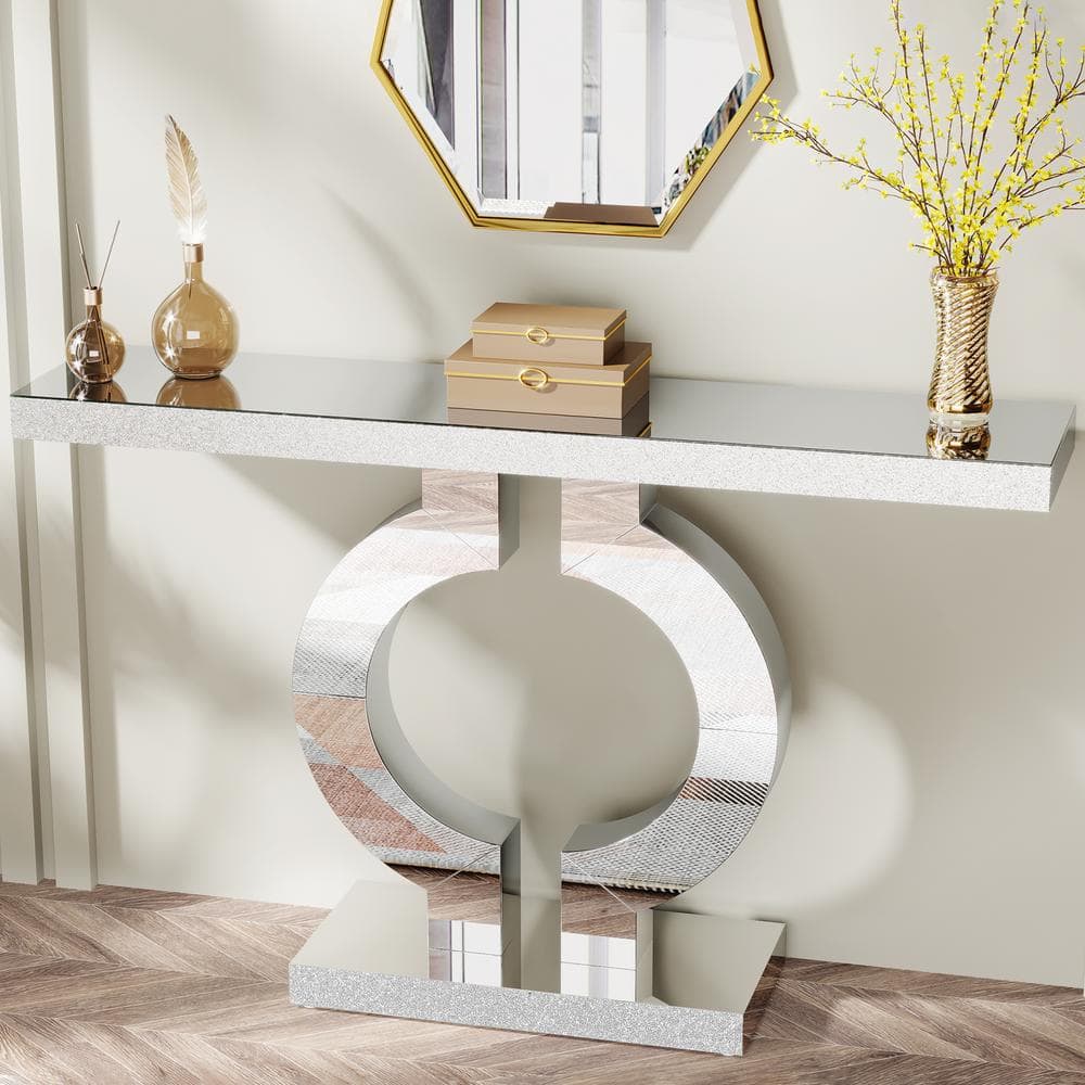 Silver Mirrored Glass Console Table with O-Shaped Base