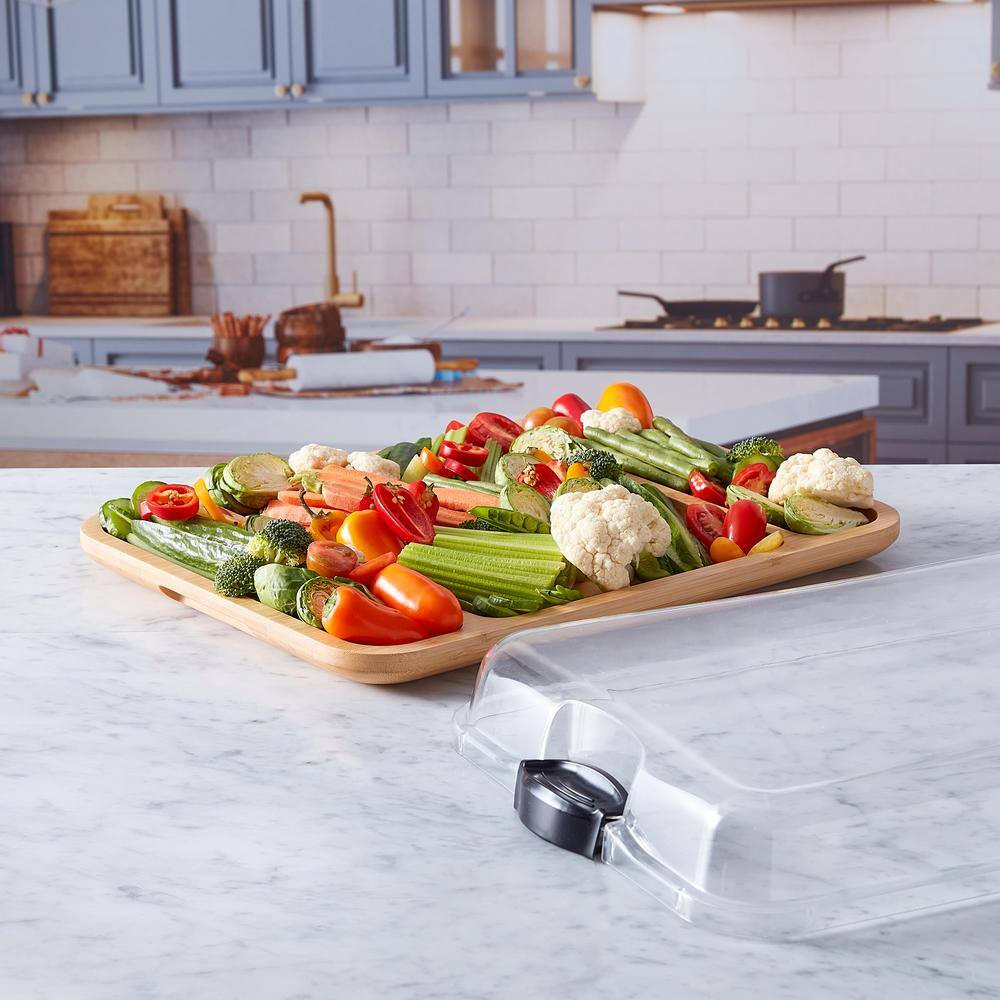 Bamboo Charcuterie Board with Clear Locking Lid and Compartments