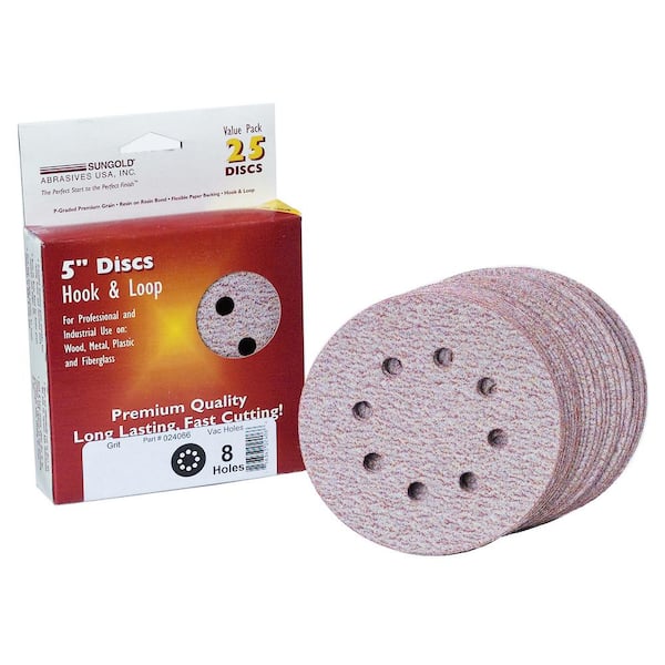 Sungold Abrasives Premium Plus 5 in. 8-Hole 180-Grit Stearated Aluminum Oxide Hook And Loop Sanding Discs (25 per Box)