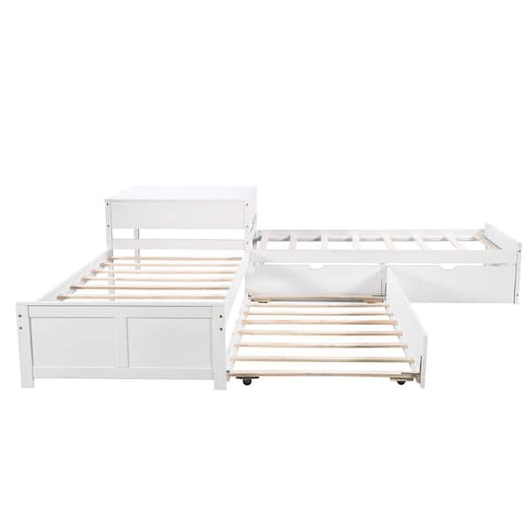 Modern White Twin Size L-shaped Platform Bed with Trundle and Drawers Linked with Built-in Desk