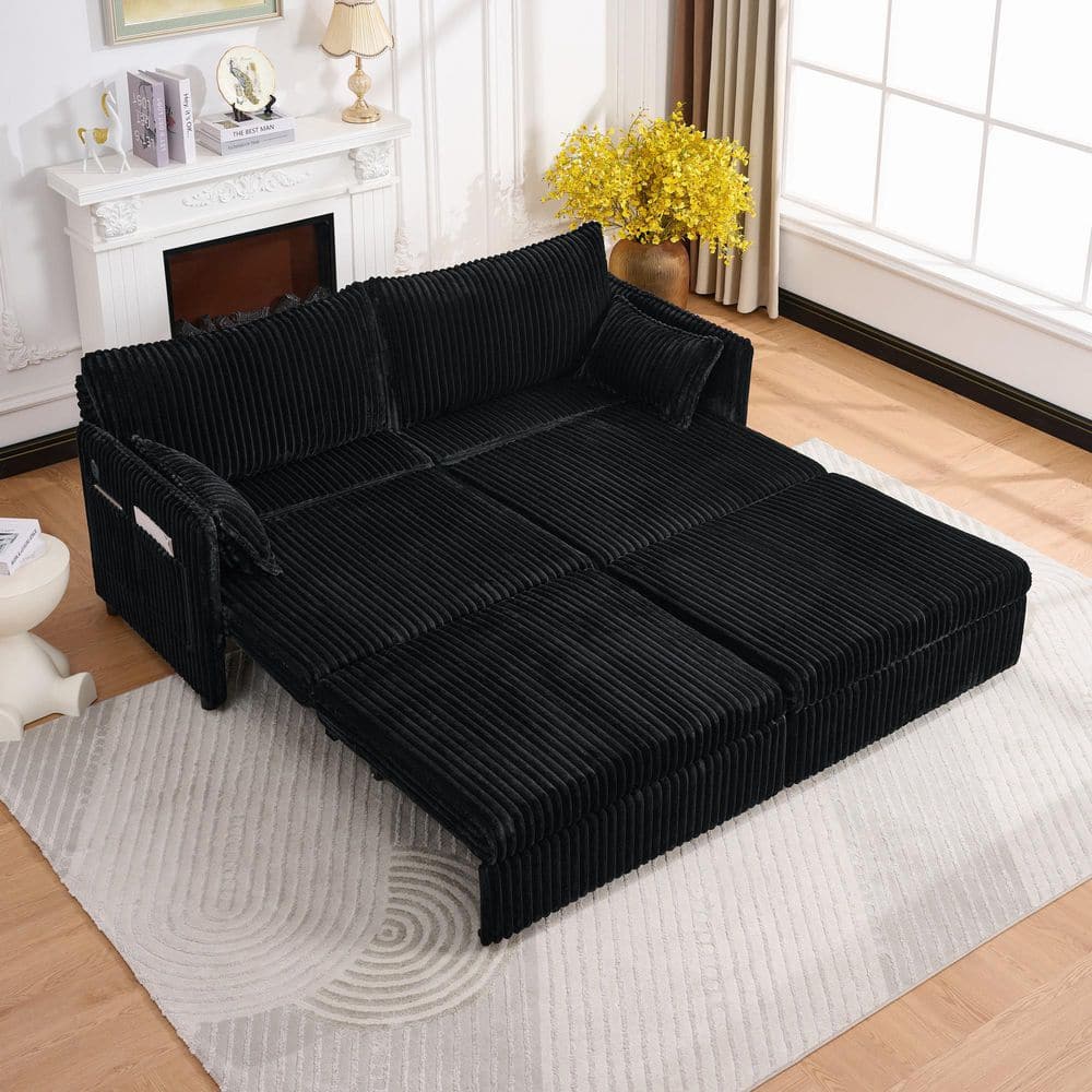Vivian Modern 73 in. Black Corduroy Convertible Pull-Out Sleeper Full Size Sofa Bed with USB Port, Storage Pockets price history on PriceWatchPro