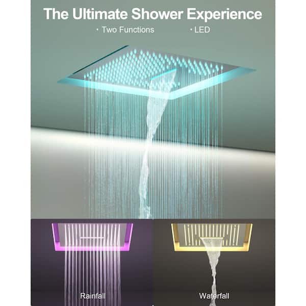 RGB LED And Temp with Valve 15-Spray Ceiling Mount 16 in. Fixed and Handheld Shower Head 2.5 GPM in Brushed Nickel
