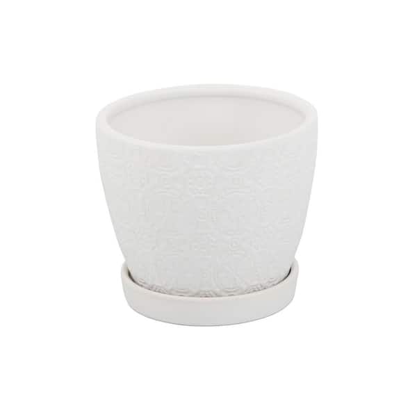 5.5 in. Chrysanthemum Small White Textured Ceramic Pot (5.5 in. D x 4.8 in. H) with Attached Saucer