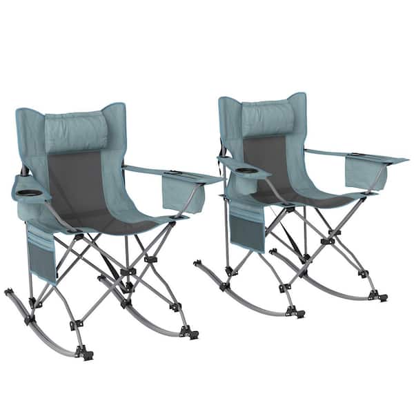 Folding Rocking Camping Chairs, Portable Outdoor Rocking Chairs with Headrest, Cup Holder, Carry Bag 2 Pack, Gray