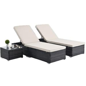 Brown PE Wicker Outdoor Chaise Lounge with Beige Cushions Steel Frame Elegant Reclining Adjustable Backrest Sets of 3