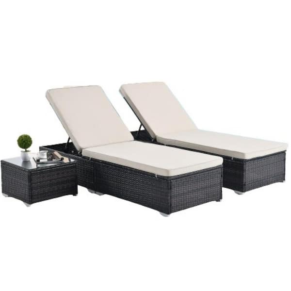 ITOPFOX Brown PE Wicker Outdoor Chaise Lounge with Beige Cushions Steel Frame Elegant Reclining Adjustable Backrest Sets of 3