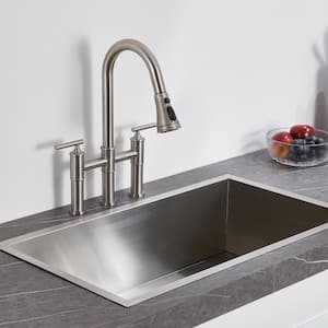 Double Handle Bridge Pull-Down Kitchen Faucet with 3-Spray Patterns and 360 Degrees Rotation Spout in Brushed Nickel