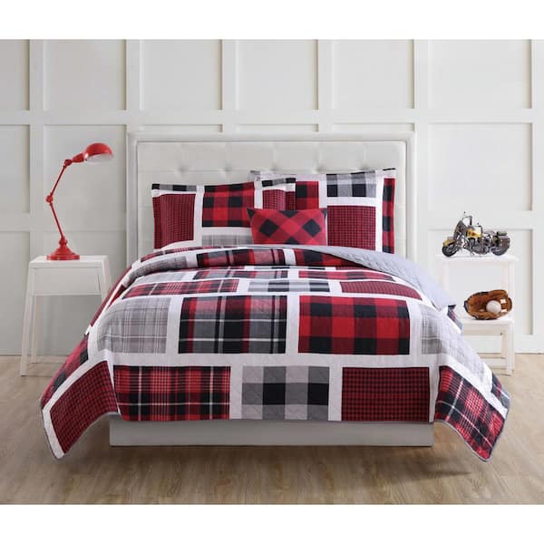 3 Piece Red And Black Twin Quilt Set, Red Buffalo Plaid Duvet Cover