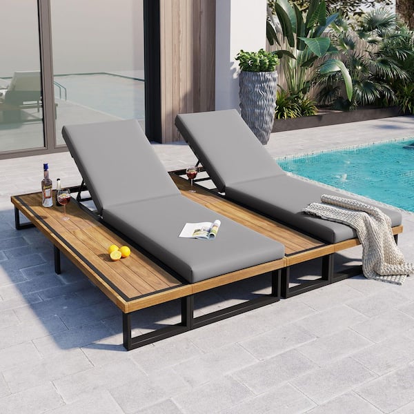 2-Piece Brown Frame Wood Outdoor Chaise Lounge with Gray Cushions