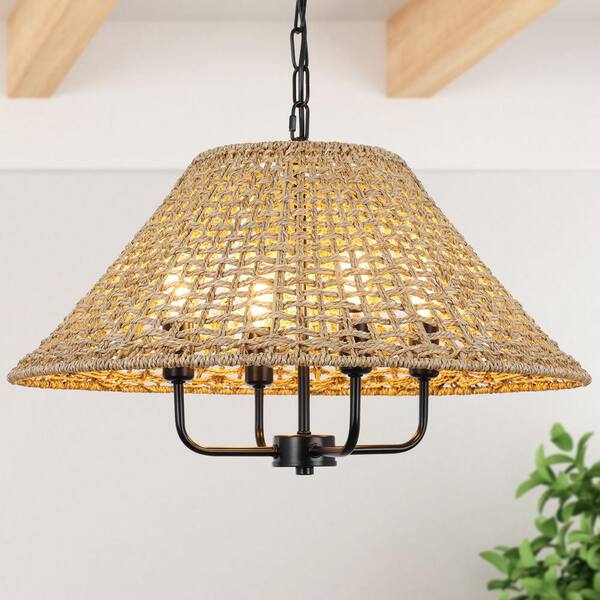 21.6 in. 4-Light Black Bohemian Natural Rattan Chandelier