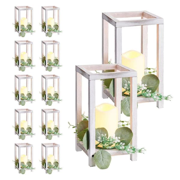 White Wooden Wedding Lantern Centerpiece, Includes 12-Wooden Lantern Candle Holder 12-Flameless LED Candle, 12Set/36Pcs