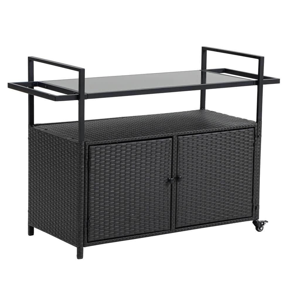 Outdoor Patio Rattan Wicker Bar Serving Cart with Glass Top and Wheels for Porch Backyard Garden Poolside Party in Black price history on PriceWatchPro