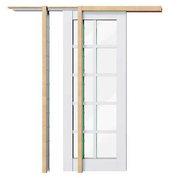 TENONER 32 in. x 80 in. 10 Lite, Clear Glass, Solid Core, DIY Painted, White Primed, MDF Sliding Door with All Hardware