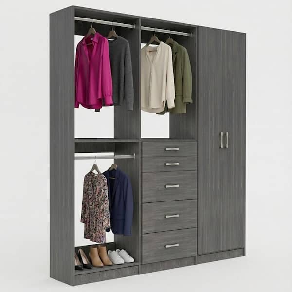 Alto Collection 105 in W Grey Wall Mounted Double Hang, 5-Drawer w Hang and Shelves w Full Doors Wood Closet System