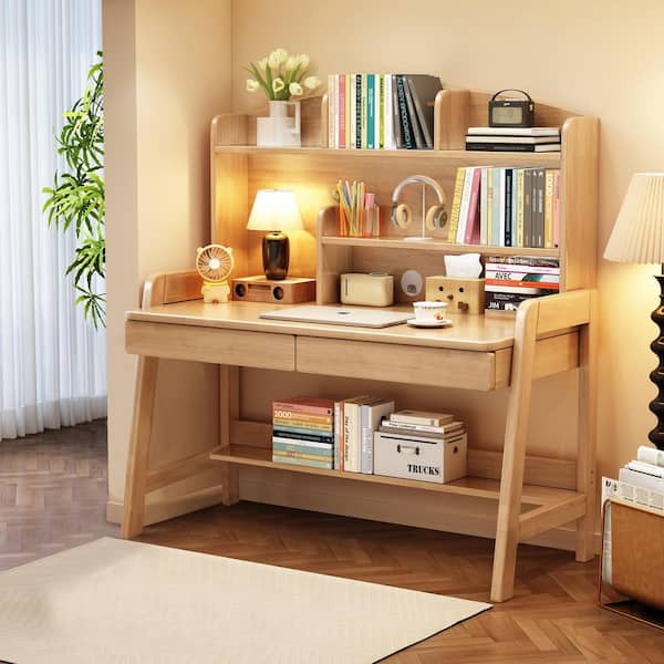 Beige Kids Study Desk with Storage, Wooden Children's Computer Writing Desk, Modern Kids Desk with Bookshelf and Drawers