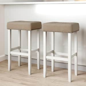 Hylie 29 in. Nailhead Wood Pub-Height Kitchen Counter Bar Stool, Natural Flax/White, Set of 2