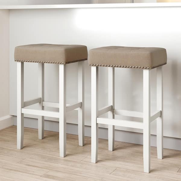 Nathan James Hylie 29 in. Nailhead Wood Pub-Height Kitchen Counter Bar Stool, Natural Flax/White, Set of 2