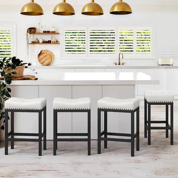 LUE BONA 24 in. White Cushioned Backless Faux Leather Saddle Bar stools with Black Metal Frame (Set of 4)
