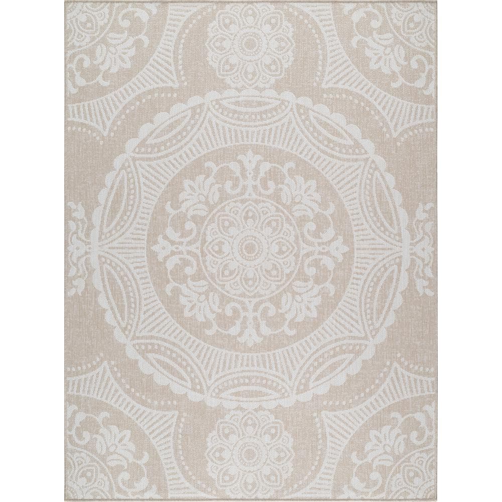 Beverly Rug Waikiki Beige/White 4 ft. x 6 ft. Medallion Indoor/Outdoor Area Rug Beverly Rug indoor outdoor rugs are available in various sizes; 4 ft. x 6 ft. area rug (3 ft. 11 in. x 5 ft. 11 in.), area rug 5 ft. x 7 ft. (5 ft. 3 in. x 7 ft.), 6 ft. x 9 ft. area rugs (6 ft. 7 in. x 9 ft.), large area rug 8 ft. x 10 ft. (7 ft. 10 in. x 10 ft.) and 6 ft. 7 in. circle rug. You can use our non shedding rugs wherever needed; either indoors such as living room, dining room, laundry room, bedroom, hallway, children playroom, or outdoors such as deck, patio, pool side, picnic, beach, garage, or guest lounges. These fade resistant indoor rugs has UV protection and offer environment protection with their eco-friendly and breathable material. The vibrant colors will not fade in the sun. Ideal for high traffic areas. With natural color options of beige, blue, grey and dark grey, this beautiful medallion area rug is perfect fit for your vintage decor. Color: Beige/White.