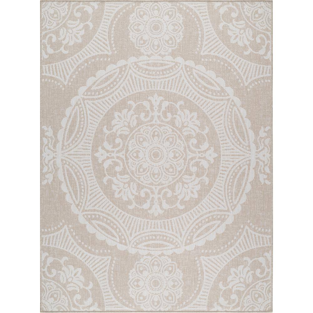 Beverly Rug Waikiki Beige/White 5 ft. x 7 ft. Medallion Indoor/Outdoor Area Rug Beverly Rug indoor outdoor rugs are available in various sizes; 4 ft. x 6 ft. area rug (3 ft. 11 in. x 5 ft. 11 in.), area rug 5 ft. x 7 ft. (5 ft. 3 in. x 7 ft.), 6 ft. x 9 ft. area rugs (6 ft. 7 in. x 9 ft.), large area rug 8 ft. x 10 ft. (7 ft. 10 in. x 10 ft.) and 6 ft. 7 in. circle rug. You can use our non shedding rugs wherever needed; either indoors such as living room, dining room, laundry room, bedroom, hallway, children playroom, or outdoors such as deck, patio, pool side, picnic, beach, garage, or guest lounges. These fade resistant indoor rugs has UV protection and offer environment protection with their eco-friendly and breathable material. The vibrant colors will not fade in the sun. Ideal for high traffic areas. With natural color options of beige, blue, grey and dark grey, this beautiful medallion area rug is perfect fit for your vintage decor. Color: Beige/White.