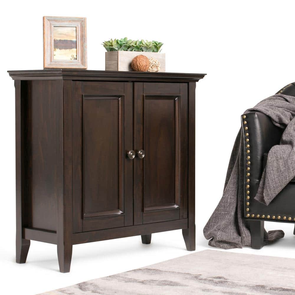 Hickory Brown Solid Wood Low Storage Cabinet with Adjustable Shelving