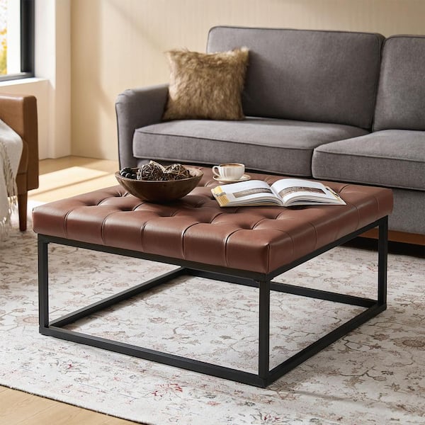 Ebrar Brown Genuine Leather Square Accent Medium 36 in. Ottoman