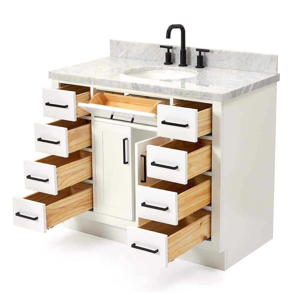 White Freestanding Vanity with Carrara Marble Top and Basin