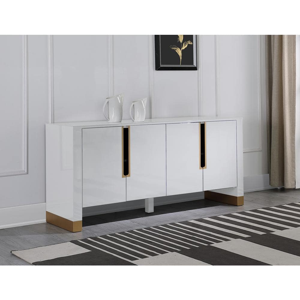 Elegant 68" White Lacquered Wood Sideboard with Matte Gold Accents