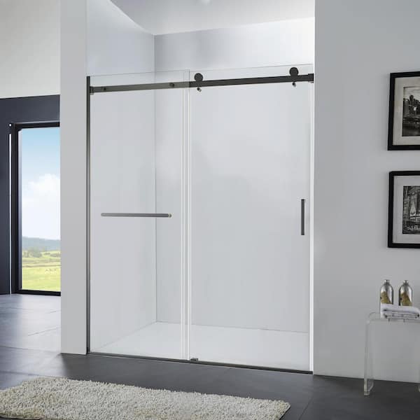 60 in. W x 75 in. H Sliding Semi-Frameless Shower Door in Matte Black with Temper Glass