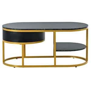 39.4 in. Black Oval Marble Coffee Table with Drawers and Shelves Storage for Living Room