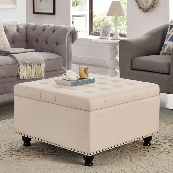 Noble House Horizon Beige Linen Upholstered Modern Square Storage Ottoman with Button Tufting, Nailhead Trim, Rubberwood