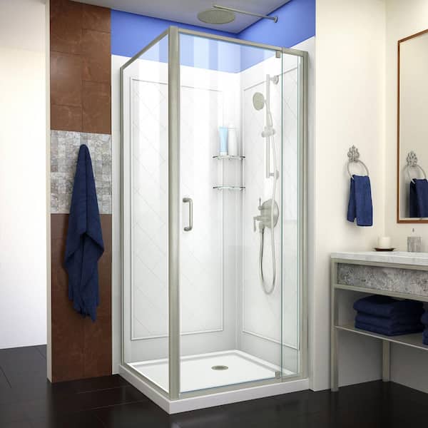 Flex 32 in. x 32 in. x 76.75 in. Corner Framed Pivot Shower Kit in Brushed Nickel with Shower Base in White