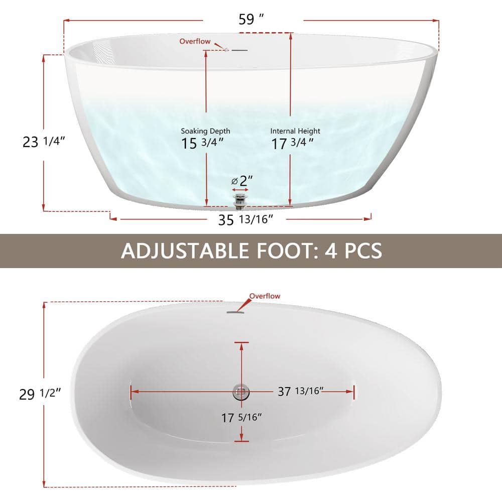 Gloss White 59'' Freestanding Acrylic Soaking Bathtub