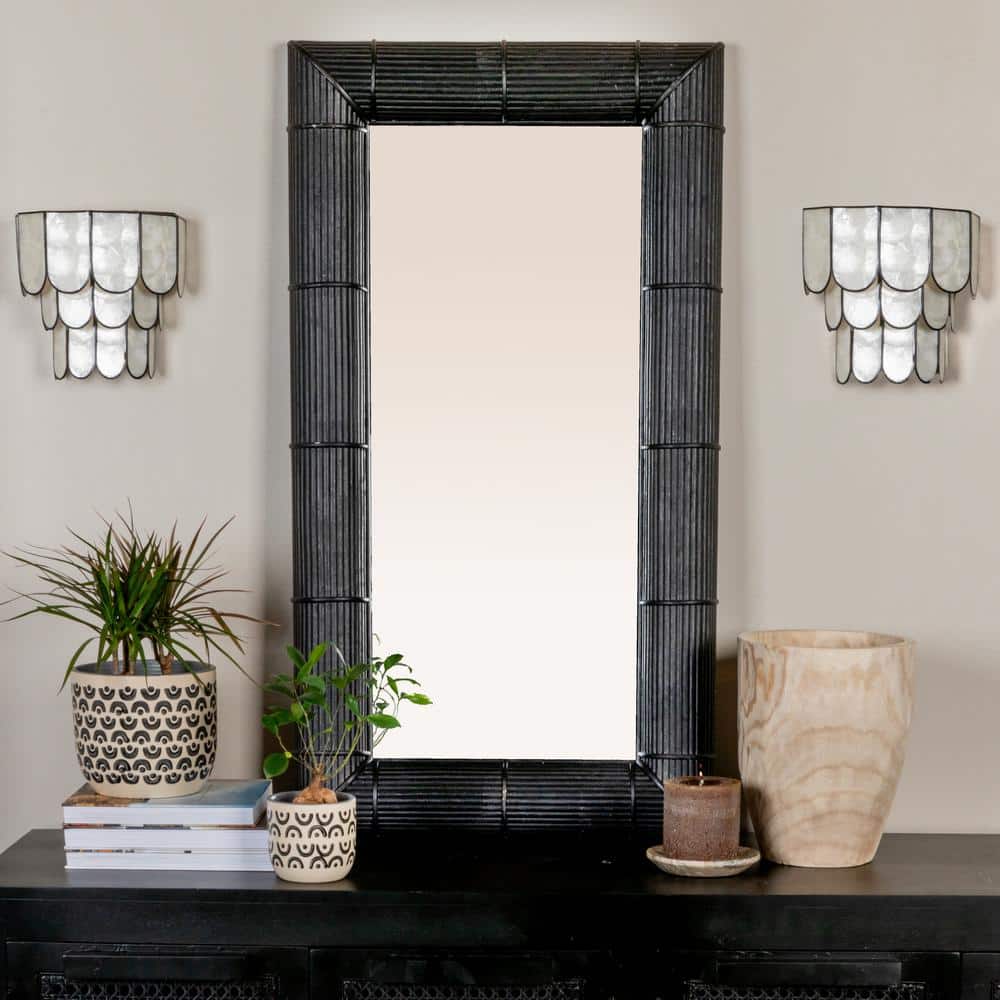 Black Bamboo Rectangular Wall Mirror with Hand-Laid Stems