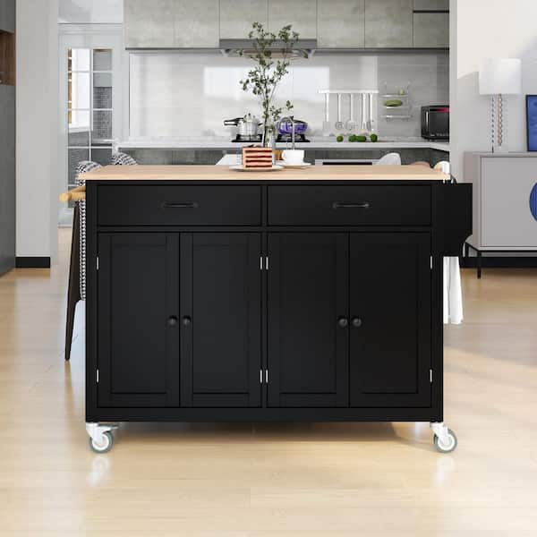 OLUMAT Black Solid Wood 54.3 in. Kitchen Island with 4-Doors Cabinet and 2-drawers, Spice Rack, Towel Rack