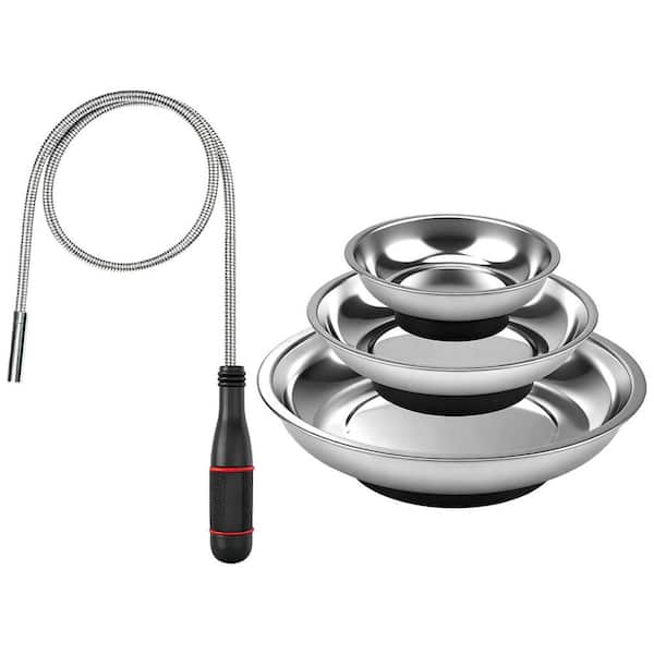 4-Pack Stainless Steel Magnetic Pickup Tool Set with Flexible Spring Stick and 3 in. 4 in. 6 in. Magnetic Trays