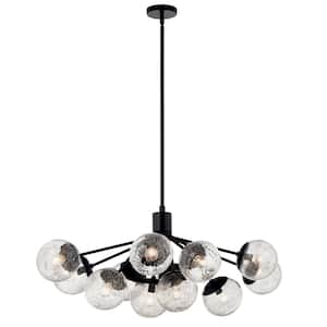 Silvarious 48 in. 12-Light Black Modern Crackle Glass Shaded Linear Convertible Chandelier for Dining Room