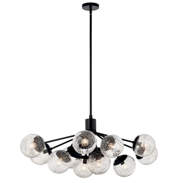 KICHLER Silvarious 48 in. 12-Light Black Modern Crackle Glass Shaded Linear Convertible Chandelier for Dining Room