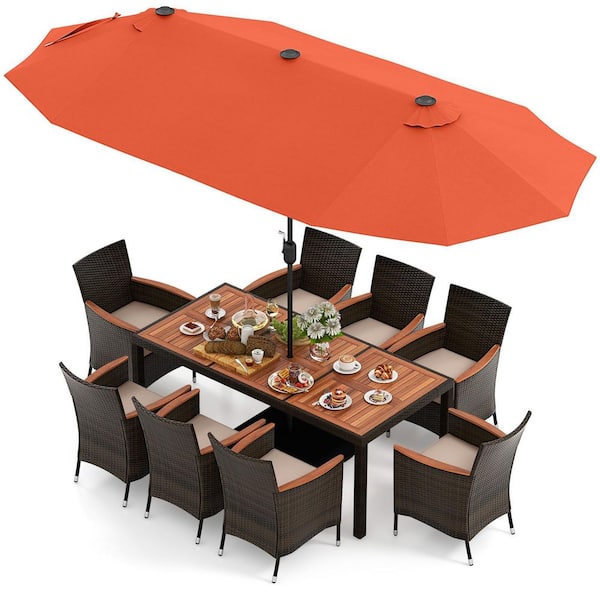 Liviza Brown 11-Piece Metal and Wicker Outdoor Dining Set with Beige Cushion, 15 ft. Orange LED Double-Sided Umbrella and Base