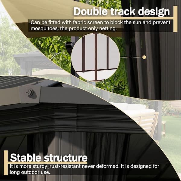 15 ft. x 15 ft. Black Aluminum Frame Hardtop Gazebo with Ceiling Hooks, Mosquito Netting and Roof Waterproof Flap