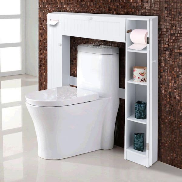 ANGELES HOME 34.5 in. W x 7 in. D x 38.5 in. H White Bathroom Over The Toilet Storage Cabinet with Adjustable Shelf and Paper Holder