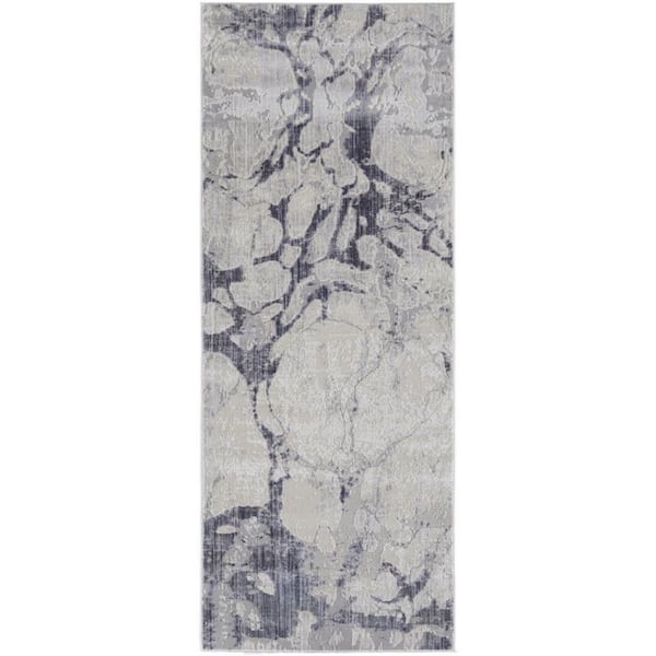 2 X 8 Ivory, Blue Abstract Runner Rug